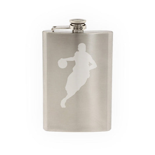 Sport Silhouette - Basketball Player Dribbling Version 2- Etched 8 Oz Stainless Steel Flask