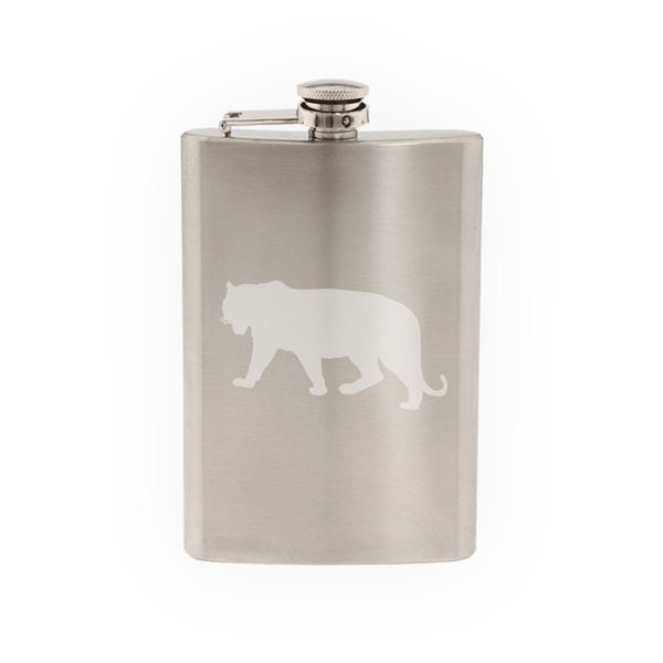 Tiger #1 - Big Cat Striped Predator Hunter Zoo Animal- Car- Etched 8 Oz Stainless Steel Flask