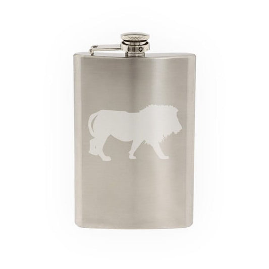Wild Cat #5- Lion Stalking Prey Savannah Predator- Etched 8 Oz Stainless Steel Flask