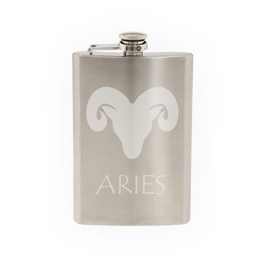 Zodiac Horoscope Astrology - Aries Ram Symbol  - Etched 8 Oz Stainless Steel Flask