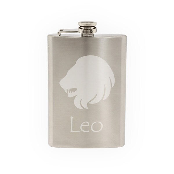 Zodiac Horoscope Astrology - Lion Leo Symbol- Etched 8 Oz Stainless Steel Flask