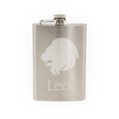 Zodiac Horoscope Astrology - Lion Leo Symbol- Etched 8 Oz Stainless Steel Flask