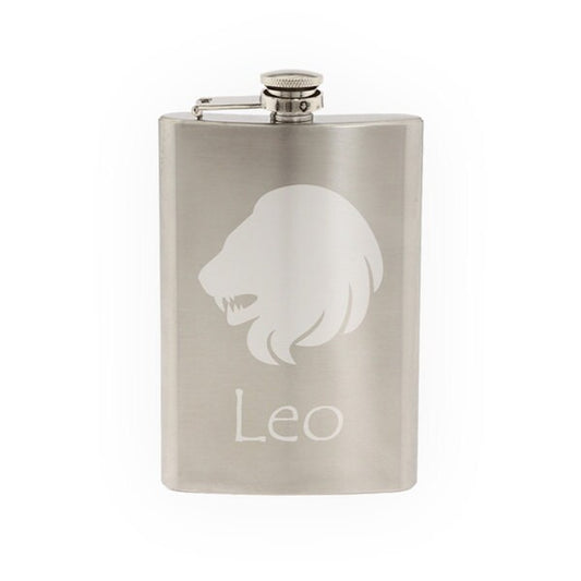 Zodiac Horoscope Astrology - Lion Leo Symbol- Etched 8 Oz Stainless Steel Flask