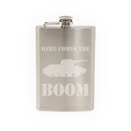 World War Two #8 - Tank Heavy Armored Artillery Battlefield - Etched 8 Oz Stainless Steel Flask