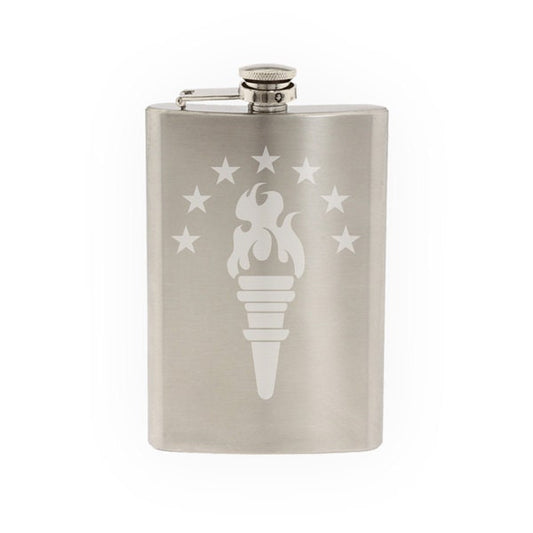 Liberty and Freedom Torch with Star Arch - Patriot Night Flame Symbol - Liberty - Etched 8 Oz Stainless Steel Flask