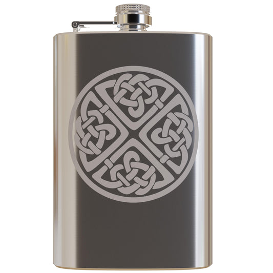 Ireland Traditional - Irish Circular Celtic Knot  - Etched 8 Ounce Stainless Steel Flask