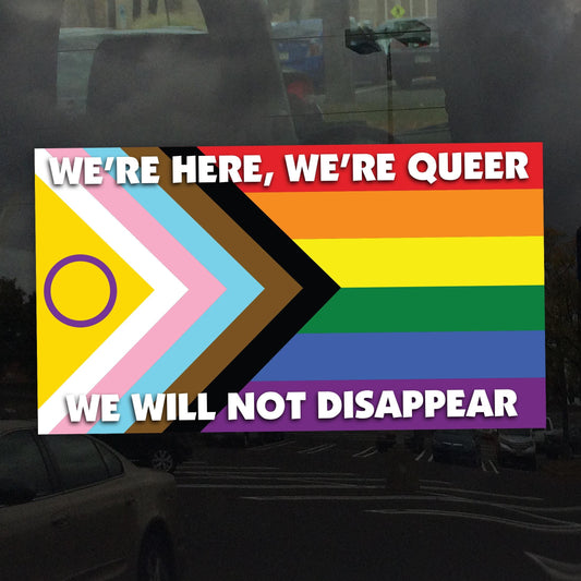 We're Here We're Queer We Will Not Disappear Progress Pride Flag Decal – LGBTQ+, POC, Transgender Vibrant Vinyl for Cars, Laptops, and Glass