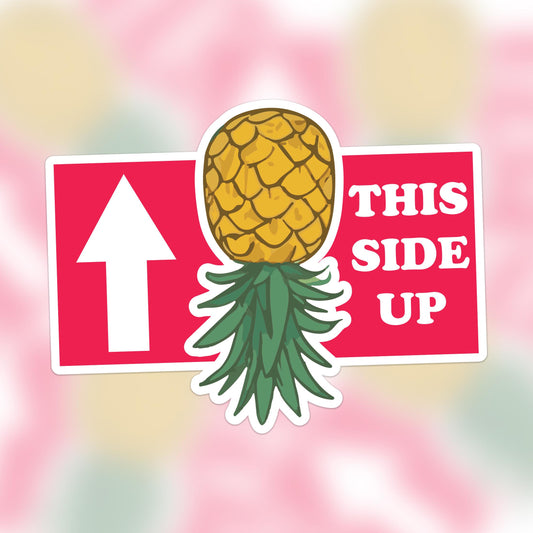 This Side Up – Upside Down Pineapple with White Outline Vinyl Sticker for Cars, Laptops, and Water Bottles