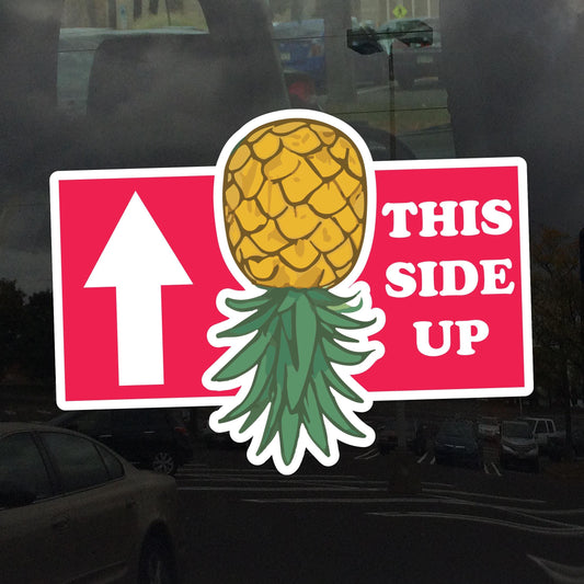 This Side Up – Upside Down Pineapple with White Outline Vinyl Sticker for Cars, Laptops, and Water Bottles