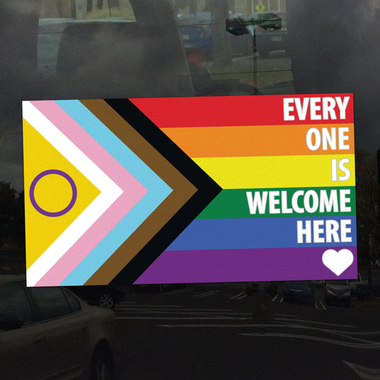 Intersex Progress Pride Flag Every One Is Welcome Here LGBTQ POC Trans  White Text - Vibrant Static Cling Window Cling - Indoor or Outdoor!