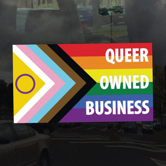 Queer Owned Business Intersex Progress Pride Flag LGBTQ POC Trans White Text - Vibrant Static Cling Window Cling - Indoor or Outdoor!
